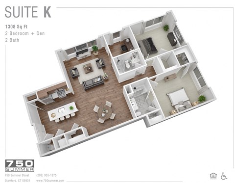 Floor plan for 2 beds, 2 baths, 1308 sqft
